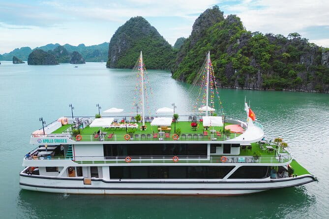 Halong Apollo 5<em> Cruise with Jacuzzi Day Trip And Buffet Lunch – Key highlights at a glance’ /></p>
<ul>
<li><strong>Apollo 5-star boat with Jacuzzi time</strong> on a newer version of the ship (2024)</li>
<li><strong>Guide Tommy</strong> brings fluent English and a genuinely attentive vibe, even for solo travelers</li>
<li><strong>Hang Luon Cave</strong>: choose kayaking or a bamboo boat ride through the lagoon</li>
<li><strong>Two headline caves plus TiTop Island</strong>: Sung Sot Cave, then swimming or a climb at TiTop</li>
<li><strong>Sunset party back on the boat</strong> with cakes, wine, and fruits after the island time</li>
<li><strong>Small group size</strong> up to 19 people, which helps the day feel more organized</li>
</ul>
<div class="twil" style="margin: 20px 0; padding: 15px 0;"><p>Ha Long Bay, other ways onto the water</p><ul style="margin: 10px 0; padding-left: 0; list-style: none;"><li style="margin: 6px 0; line-height: 1.4;"><a href="https://lovingvietnam.com/hanoi-ha-long-bay-day-cruise-swimming-meal-kayaking/">Hanoi: Ha Long Bay Day Cruise – Swimming, Meal, Kayaking</a><span style="margin-left: 8px; font-size: 0.82em; color: #555; white-space: nowrap;"><span style="color: #a8600a;">★</span> 4.7 &middot; 7,415 reviews</span></li><li style="margin: 6px 0; line-height: 1.4;"><a href="https://lovingvietnam.com/amanda-cruise-ha-long-lan-ha-bay-all-inclusive-2d1n-3d2n/">Amanda Cruise – Ha Long, Lan Ha Bay – All Inclusive 2D1N & 3D2N</a><span style="margin-left: 8px; font-size: 0.82em; color: #555; white-space: nowrap;"><span style="color: #a8600a;">★</span> 5.0 &middot; 4,358 reviews</span></li><li style="margin: 6px 0; line-height: 1.4;"><a href="https://lovingvietnam.com/cozy-bay-halong-5-star-day-cruise-buffet-cave-kayak-swimming/">Cozy Bay Halong 5-Star Day Cruise, Buffet, Cave, Kayak, Swimming</a><span style="margin-left: 8px; font-size: 0.82em; color: #555; white-space: nowrap;"><span style="color: #a8600a;">★</span> 5.0 &middot; 3,512 reviews</span></li><li style="margin: 6px 0; line-height: 1.4;"><a href="https://lovingvietnam.com/hanoi-2-day-halong-lan-ha-bay-5-star-cruise-with-balcony/">Hanoi: 2-Day Halong & Lan Ha Bay 5-Star Cruise with Balcony</a><span style="margin-left: 8px; font-size: 0.82em; color: #555; white-space: nowrap;"><span style="color: #a8600a;">★</span> 4.8 &middot; 3,300 reviews</span></li></ul></div><h2 id="why-a-5-star-halong-bay-jacuzzi-day-trip-works-when-you-have-one-day">Why a 5-star Halong Bay Jacuzzi day trip works when you have one day</h2>
<p><img width="669" height="446" decoding="async" src=