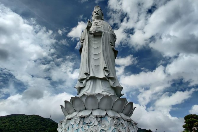LOVELY PILGRIMS to MARBLE MOUNTAIN & DRAGON BRIDGE & LADY BUDDHA - Lady Buddha and Linh Ung Pagoda: the big statue, the sacred setting, and the ocean horizon